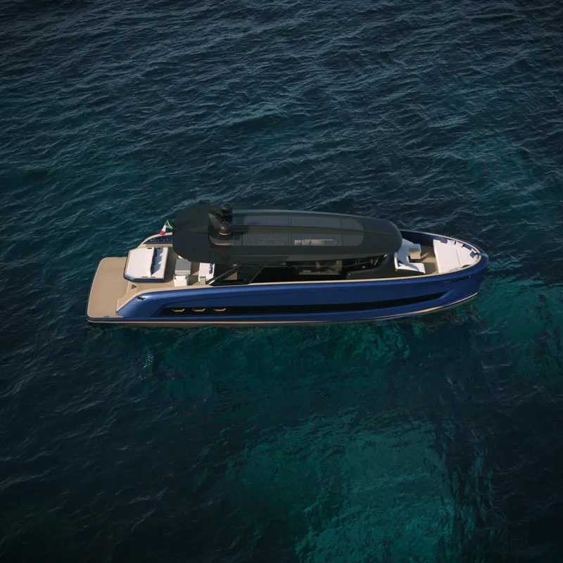Slide: The Image of Aerial view of 2025 Solaris Power 70 GRAND COUPE yacht on deep blue ocean. - 4