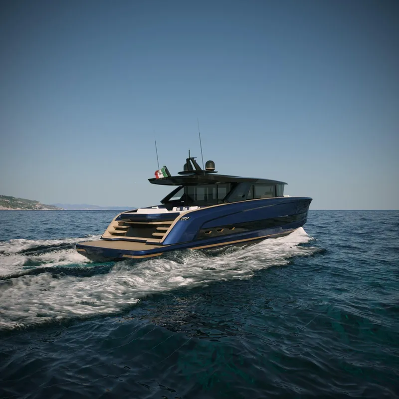 Slide: The Image of 2025 Solaris Power 70 GRAND COUPE yacht cruising on open sea. - 5