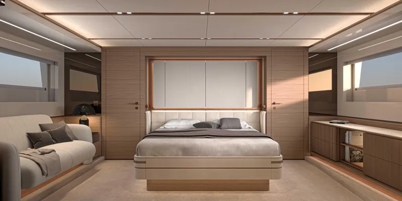 Slide: The Image of Luxurious interior of 2025 Solaris Power 70 GRAND COUPE yacht bedroom. - 9