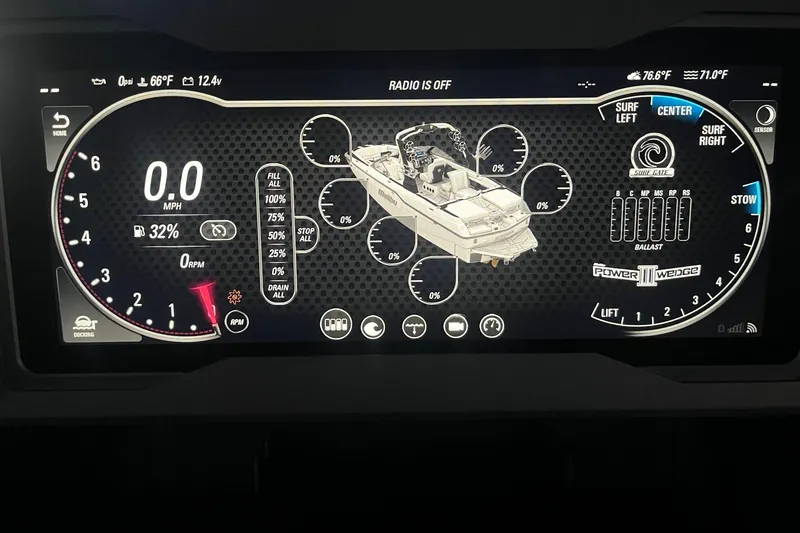 Slide: The Image of 2023 Malibu M240 dashboard display showing speed, RPM, and ballast settings. - 30