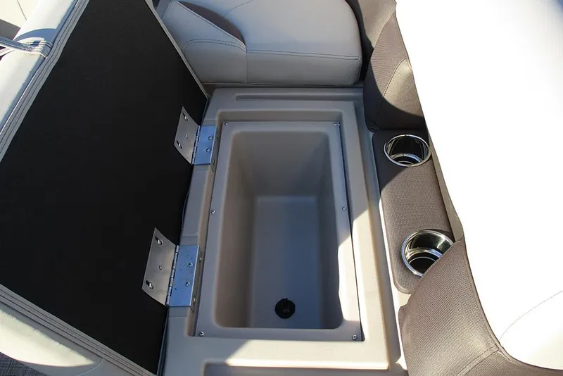 Slide: The Image of 2026 Bentley Pontoons Fish 200 4-Point storage compartment with cup holders, open view. - 14