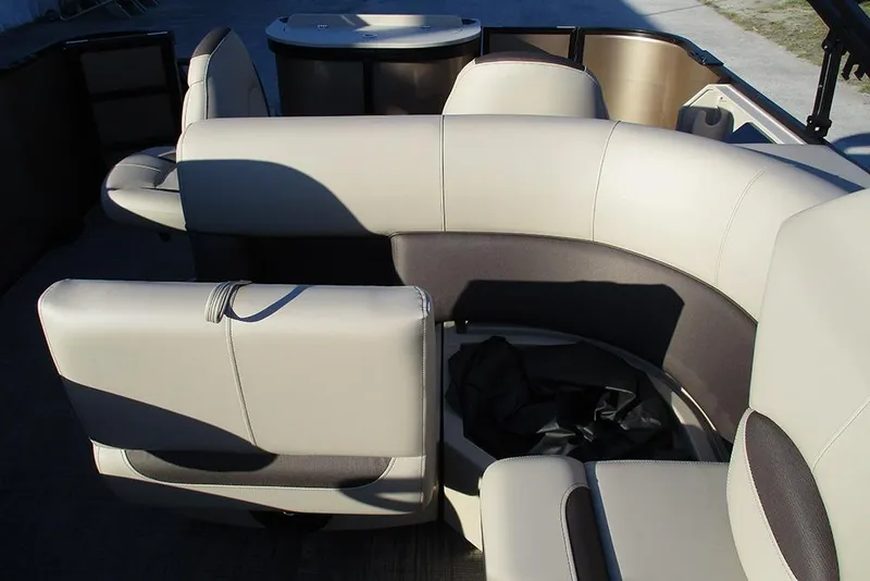 Slide: The Image of 2026 Bentley Pontoons Fish 200 4-Point interior seating, featuring luxurious beige upholstery. - 15