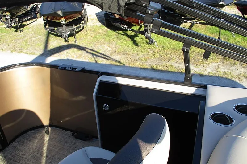 Slide: The Image of 2026 Bentley Pontoons Fish 200 4-Point interior with seating and cup holders. - 18