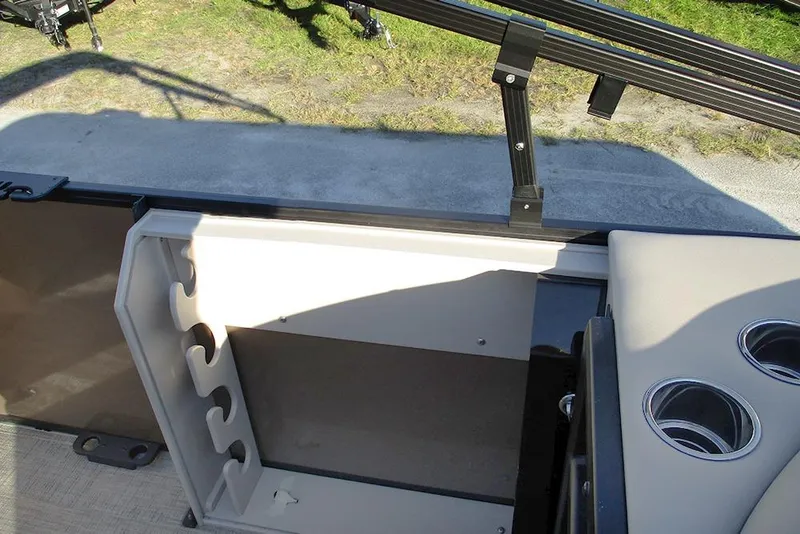 Slide: The Image of 2026 Bentley Pontoons Fish 200 4-Point interior with rod holders and cup holders. - 19