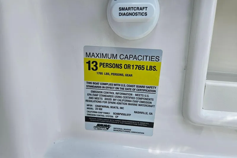 Slide: The Image of Capacity label on 2025 Chaparral 23 SSi boat, max 13 persons or 1765 lbs. - 19
