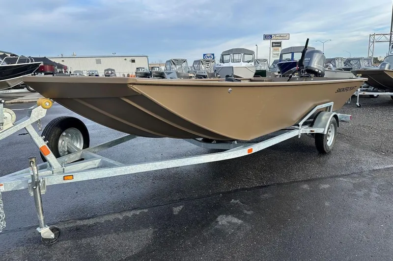 Slide: The Image of 2024 Smoker Craft Sportsman 1866 boat on trailer, displayed outdoors. - 1
