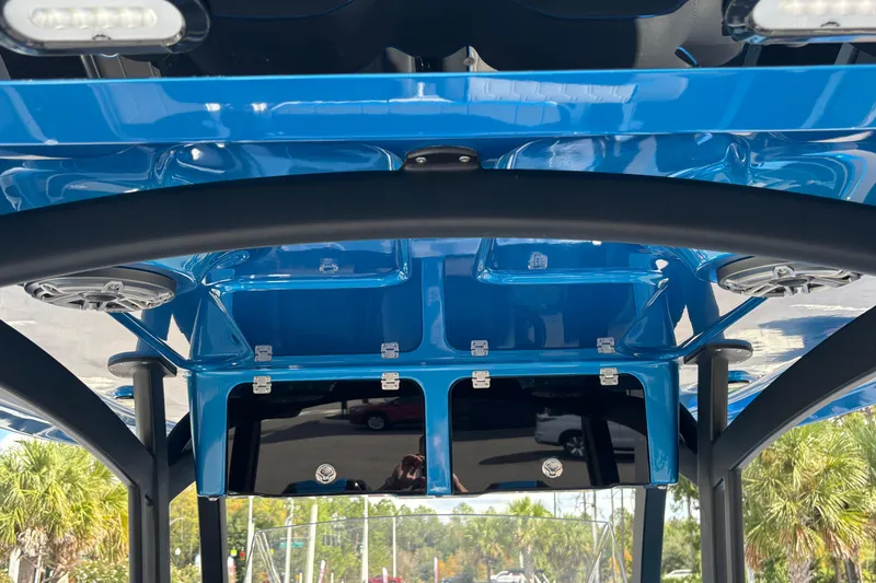 Slide: The Image of 2024 GSX 36 boat interior with blue canopy and speakers. - 37