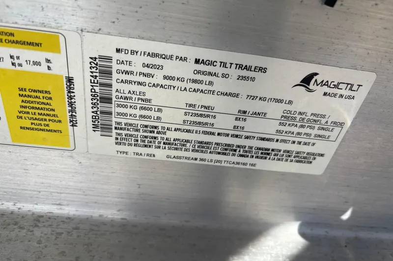 Slide: The Image of Magic Tilt trailer label, 2024 GSX 36 model, specifications and safety standards. - 44