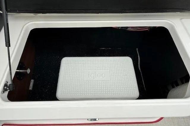 Slide: The Image of Storage compartment in a 2021 Regal LS4 Surf boat with an Igloo cooler inside. - 16