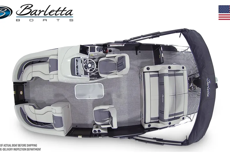 Slide: The Image of Aerial view of Rock Outdoors store with parked vehicles, including a 2025 Barletta Corsa 23UC boat. - 6