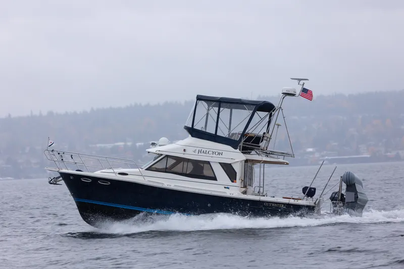 The Image of 2016 Cutwater 30 CB boat cruising on a misty lake with American flag. - 0