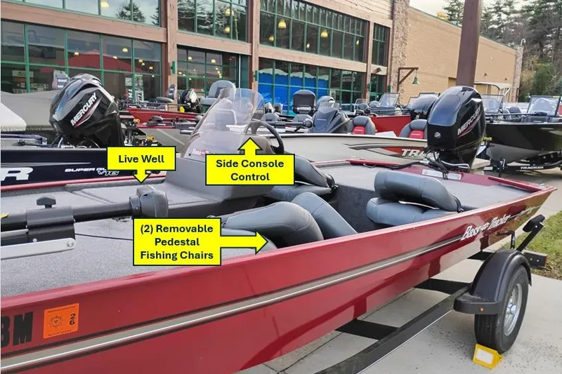 Slide: The Image of 2020 Tracker Bass Tracker Classic XL boat dashboard with Lowrance device in parking lot. - 2