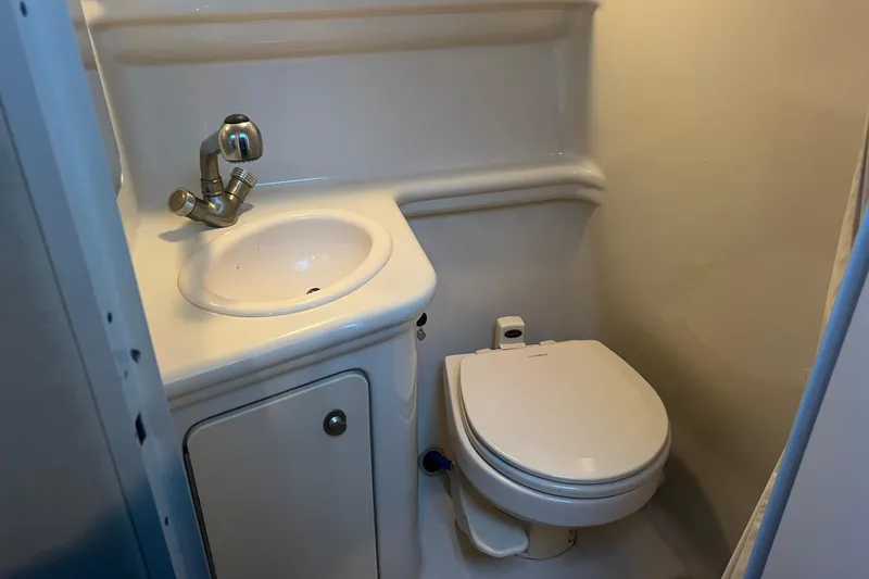 Slide: The Image of Compact bathroom in 2007 Sea Ray 260 Sundancer boat, featuring sink and toilet. - 12