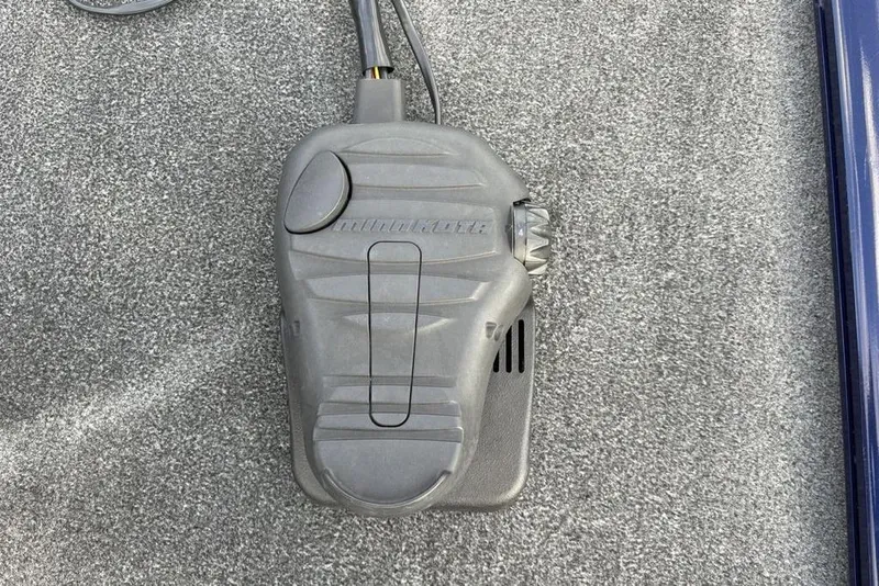 Slide: The Image of Gray Minn Kota foot pedal on 2019 Tracker Pro 170 boat carpet. - 2