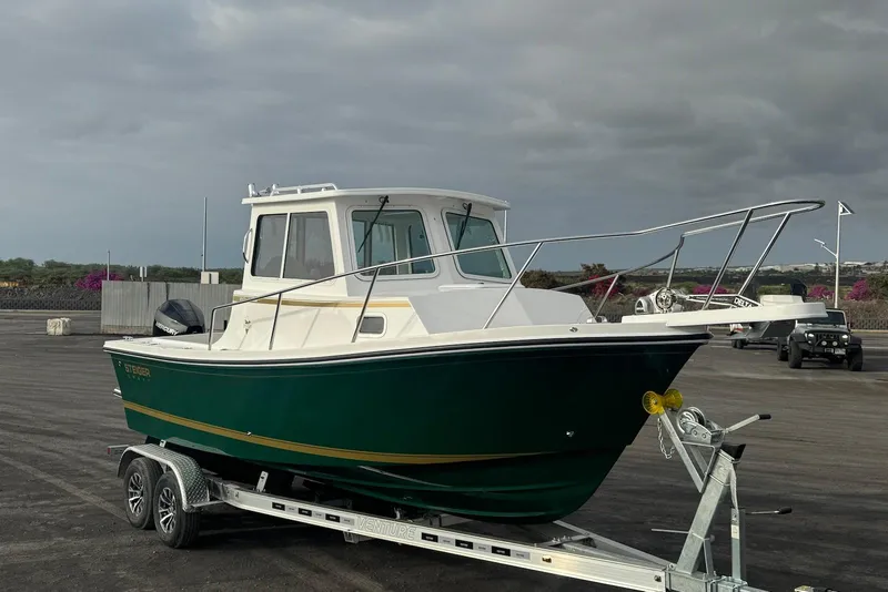 The Image of 2026 Steiger Craft 21 MIAMI boat on trailer, green hull, overcast sky. - 2