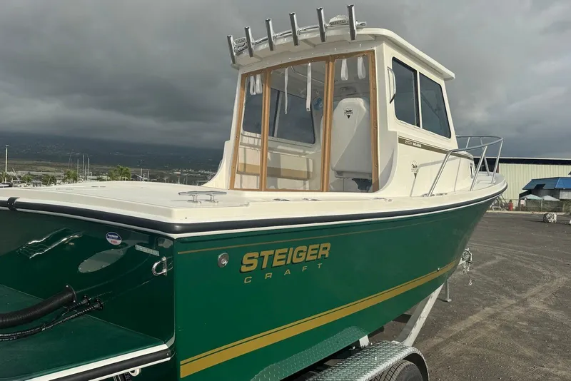Slide: The Image of 2026 Steiger Craft 21 MIAMI boat on trailer, green hull, overcast sky. - 5
