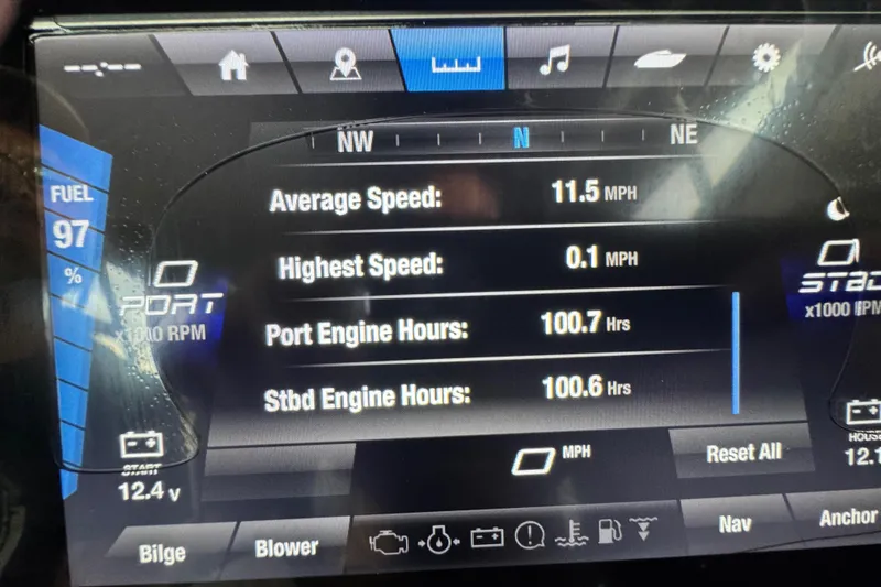 Slide: The Image of Dashboard of 2023 Yamaha Boats AR250 showing speed, engine hours, and fuel level. - 11