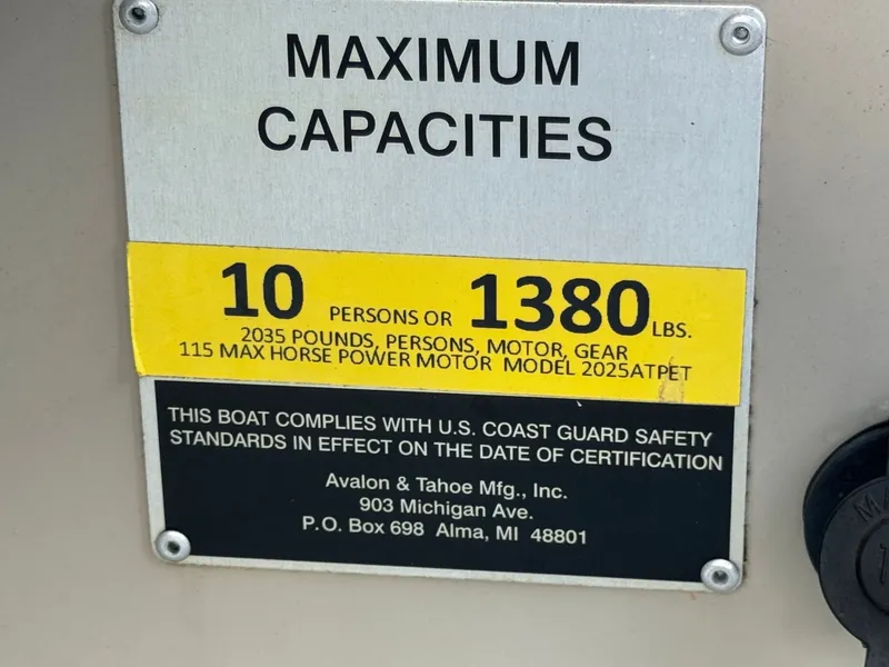 Slide: The Image of 2017 Avalon LSZ rf 2285 capacity plate, 10 persons or 1380 lbs, U.S. Coast Guard compliant. - 22
