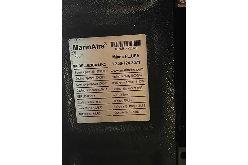 Slide: The Image of Label on MarinAire MSBA14K2 air conditioning unit, specifications and contact details. - 46