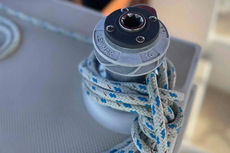 Slide: The Image of Close-up of a winch on a 1989 Island Packet 35 sailboat deck. - 67