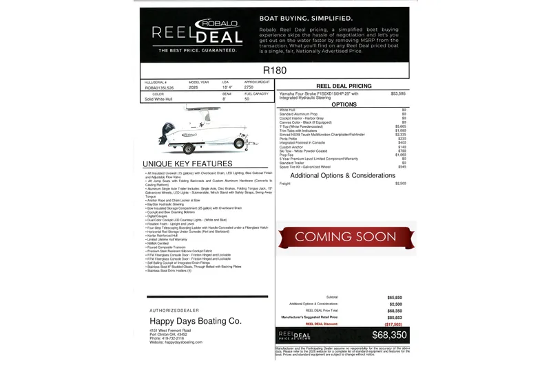 The Image of 2026 Robalo R180 Center Console boat on trailer in showroom. - 0