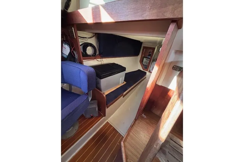 Slide: The Image of Cozy galley kitchen in 1986 Catalina 36 MK I sailboat with wood accents and appliances. - 18