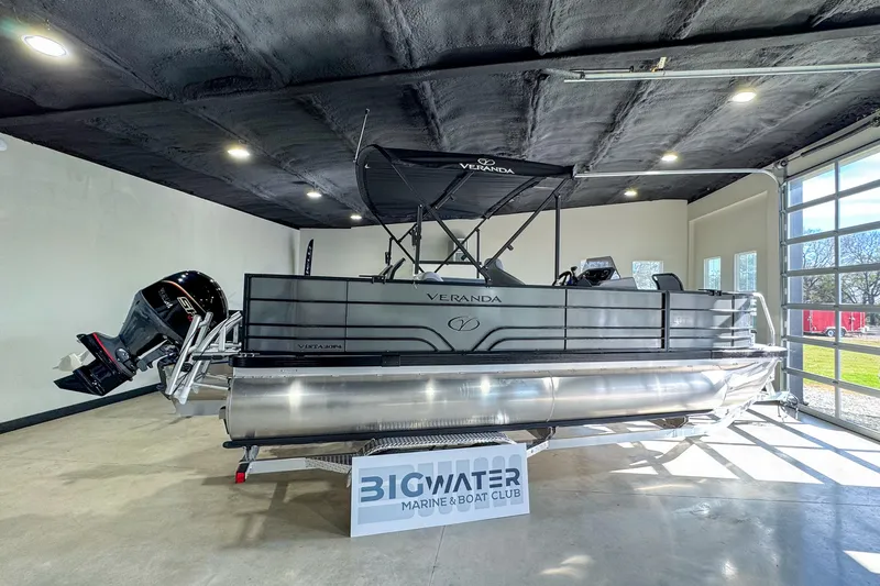 The Image of 2026 Veranda Vista 20F4 pontoon boat displayed indoors at Big Water Marine. - 0