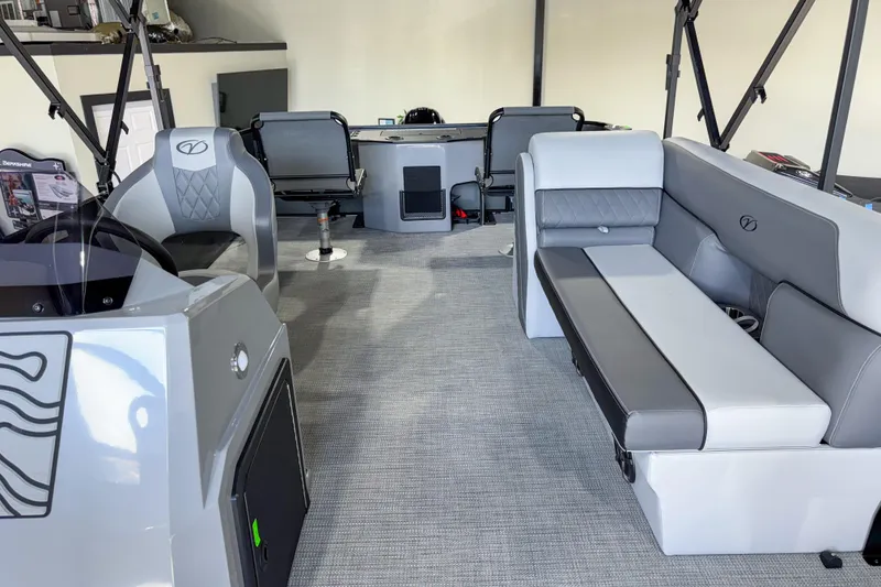 Slide: The Image of Interior of 2026 Veranda Vista 20F4 boat with modern seating and sleek design. - 17