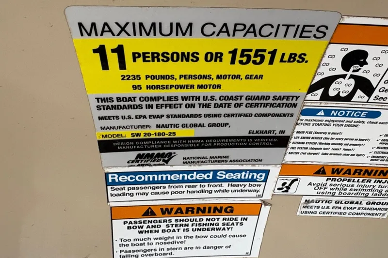 Slide: The Image of 2014 Godfrey Sweetwater 2086 F capacity label: 11 persons, 1551 lbs, 95 horsepower. - 29