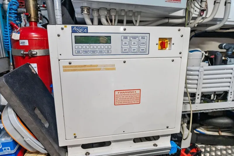 Slide: The Image of Control panel in a 2019 Pershing 9X yacht engine room. - 98