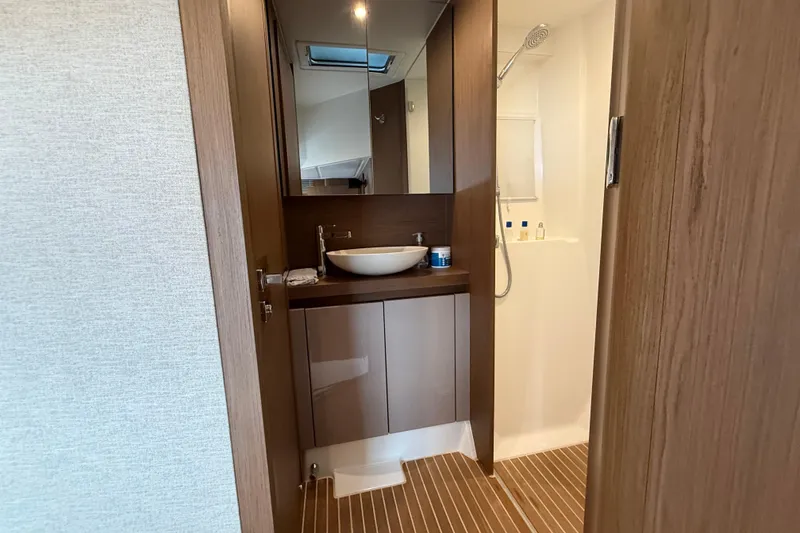 Slide: The Image of Luxurious bathroom in 2018 Beneteau Gran Turismo 50 yacht with modern fixtures. - 51