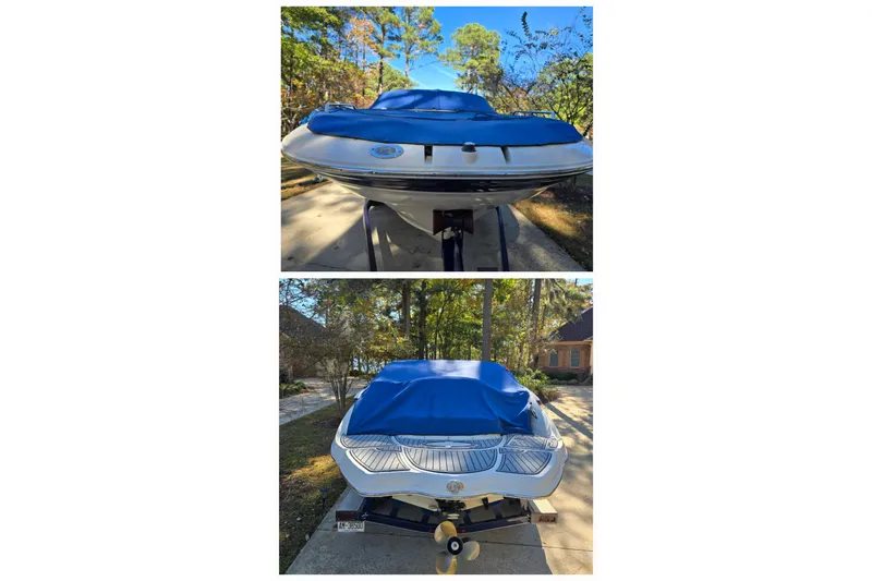 Slide: The Image of 2006 Azure AZ 220 boat with blue cover, parked on a driveway. - 11