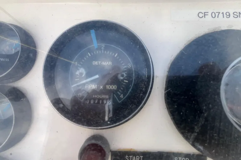 Slide: The Image of Close-up of 1984 Tung Hwa Princess Aft Cabin boat tachometer showing RPM and hours. - 14