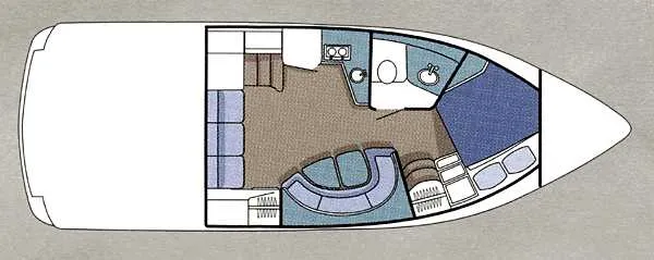 Slide: The Image of 1999 Cruisers Yachts 3575 Express interior with beige leather seating and wooden table. - 11