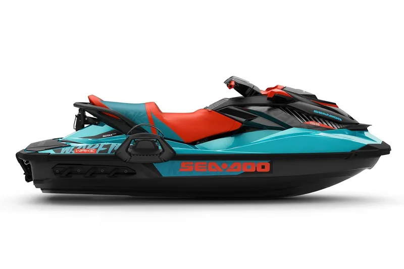 The Image of Manufacturer Provided Image: 2019 Sea-Doo Wake 155 jet ski, turquoise and red, side view. - 1