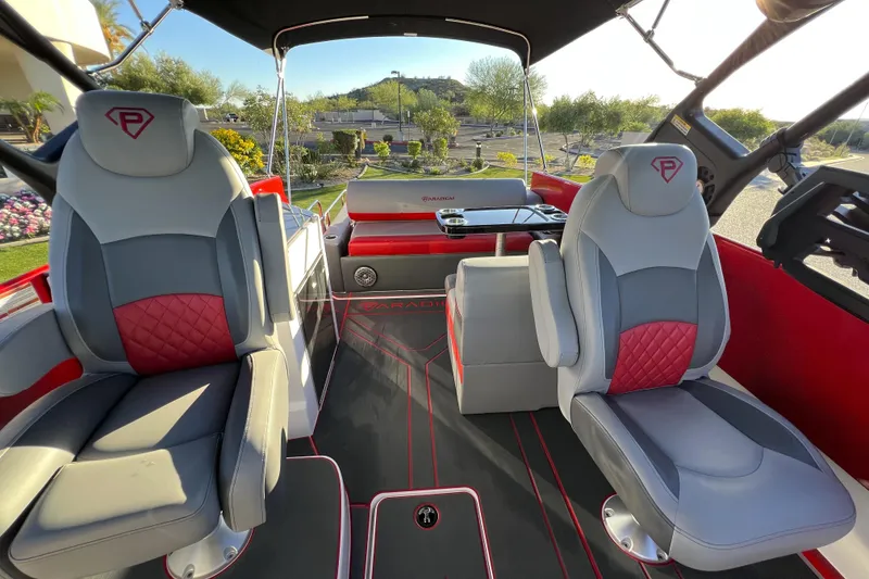Slide: The Image of 2024 Paradigm Damascus 296 Surf boat interior with luxurious seating and modern design. - 4