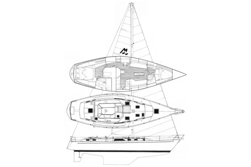 Slide: The Image of Blueprint of 1990 Catalina/Morgan 44 Center Cockpit sailboat, showing deck and interior layout. - 3