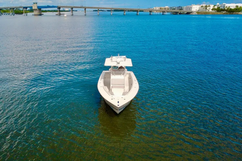 Slide: The Image of 2006 Jupiter 31FS boat on calm water with bridge in background. - 9
