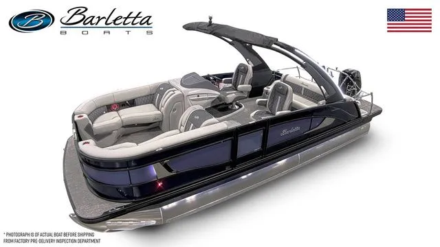 Slide: The Image of 2025 Barletta Boats L23UCA luxury pontoon with sleek design and spacious seating. - 2