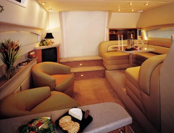 Slide: The Image of 2003 Regal Commodore 3880 yacht docked at marina, aerial view. - 2