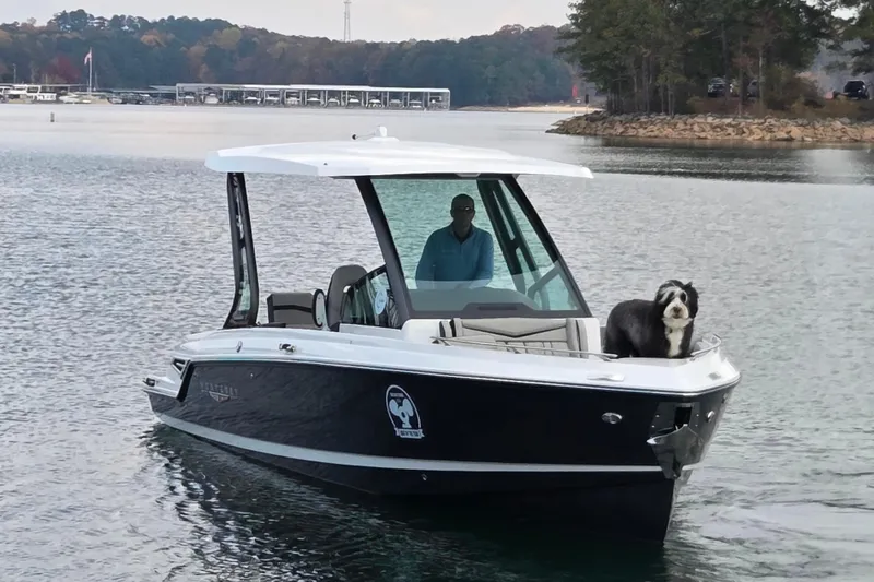 Slide: The Image of Manufacturer Provided Image: Top view of 2026 Monterey Elite 27 SD boat layout with seating and helm. - 15