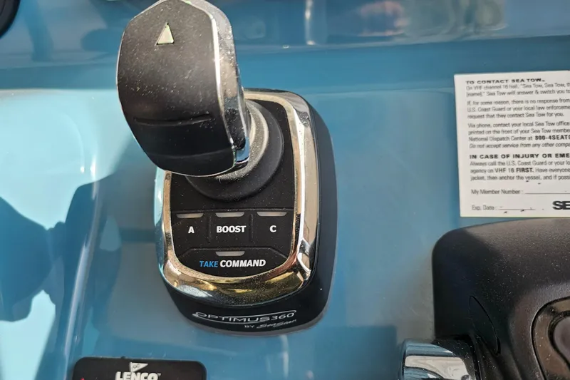 Slide: The Image of Joystick control of 2016 Pursuit OS 385 Offshore boat, featuring Optimus 360 system. - 9