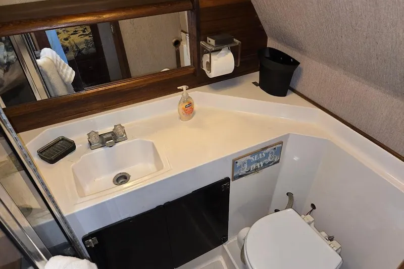 Slide: The Image of 1987 Bayliner 4550 Motoryacht bathroom with sink, toilet, and mirror. - 10