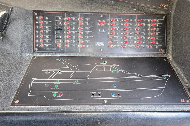 Slide: The Image of Control panel of a 1987 Bayliner 4550 Motoryacht with labeled switches and diagram. - 47