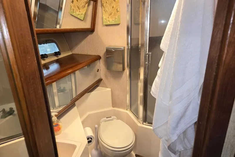 Slide: The Image of 1987 Bayliner 4550 Motoryacht bathroom with shower, toilet, and wooden shelves. - 7