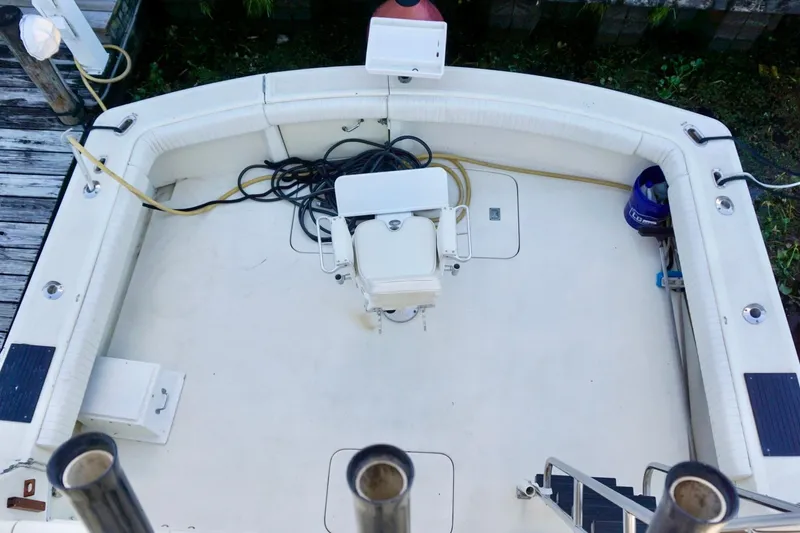 Slide: The Image of 1986 Hatteras 41 Convertible boat deck with seating and equipment. - 9