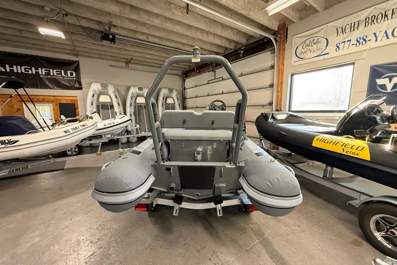 Slide: The Image of 2026 Highfield Classic 400 inflatable boat in showroom, rear view. - 3