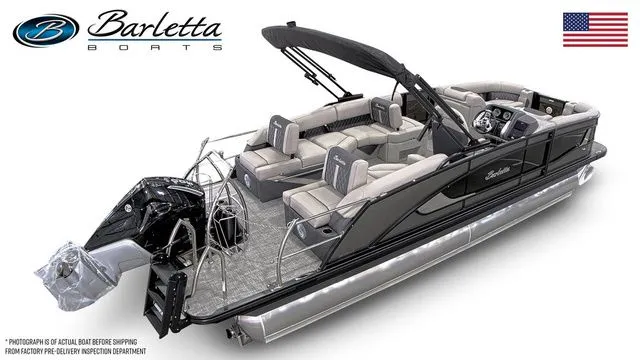 Slide: The Image of 2025 Barletta Lusso L23M luxury pontoon boat with sleek design and spacious seating. - 4