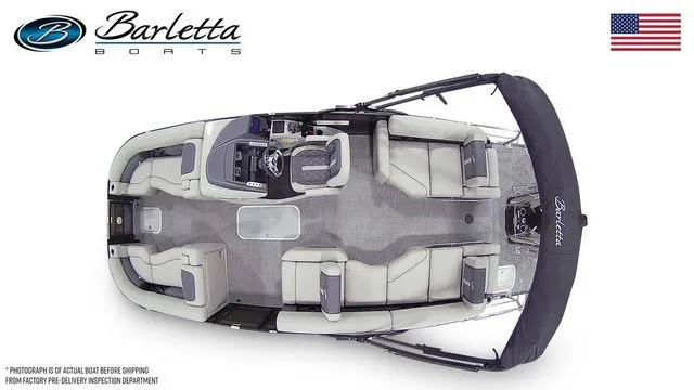 Slide: The Image of 2025 Barletta Lusso L23M pontoon boat, top view, showcasing spacious seating and modern design. - 7
