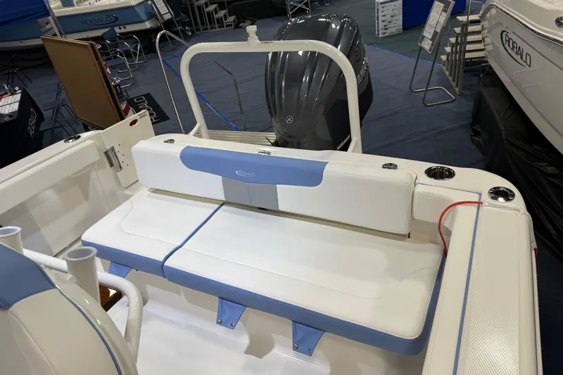 Slide: The Image of Manufacturer Provided Image: 2025 Robalo R222 Explorer boat, front view, sleek design on black background. - 24